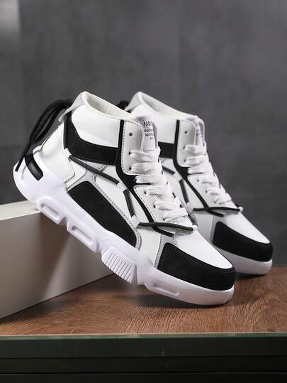 Baskets de sport décontractées montantes plates pour hommes, motif lettres blocs de couleurs noir & blanc, double bride, polyvalentes pour le quotidien, les trajets et l'extérieur, chaussures de sport à 2 façons de porter