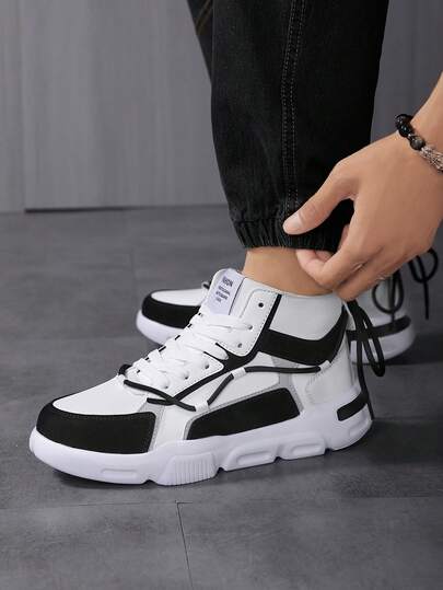 Baskets de sport décontractées montantes plates pour hommes, motif lettres blocs de couleurs noir & blanc, double bride, polyvalentes pour le quotidien, les trajets et l'extérieur, chaussures de sport à 2 façons de porter