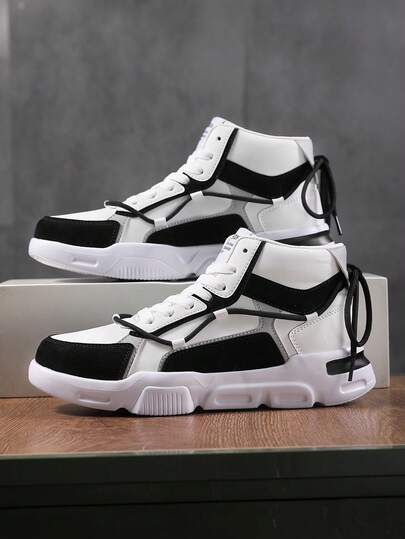 Baskets de sport décontractées montantes plates pour hommes, motif lettres blocs de couleurs noir & blanc, double bride, polyvalentes pour le quotidien, les trajets et l'extérieur, chaussures de sport à 2 façons de porter