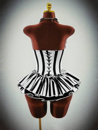 Amplova Costume de clown gothique Moonlight Clown à rayures noires & blanches, robe mini sans bretelles, style sexy, convient pour une tenue d'Halloween