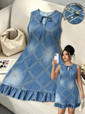 GlowEve Robe grande taille pour femme, élégante, mignonne et décontractée, en denim bleu clair à imprimé carreaux, avec perles, col rond, coupe slim, ligne A, pour l'automne, vacances, fêtes, brunch et occasions formelles