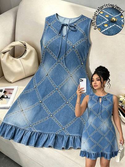 GlowEve Robe grande taille pour femme, élégante, mignonne et décontractée, en denim bleu clair à imprimé carreaux, avec perles, col rond, coupe slim, ligne A, pour l'automne, vacances, fêtes, brunch et occasions formelles