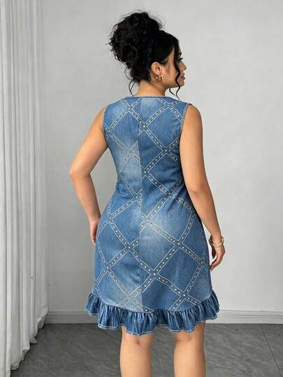 GlowEve Robe grande taille pour femme, élégante, mignonne et décontractée, en denim bleu clair à imprimé carreaux, avec perles, col rond, coupe slim, ligne A, pour l'automne, vacances, fêtes, brunch et occasions formelles