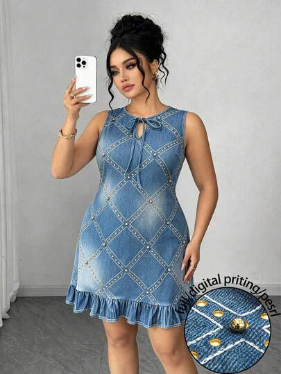GlowEve Robe grande taille pour femme, élégante, mignonne et décontractée, en denim bleu clair à imprimé carreaux, avec perles, col rond, coupe slim, ligne A, pour l'automne, vacances, fêtes, brunch et occasions formelles