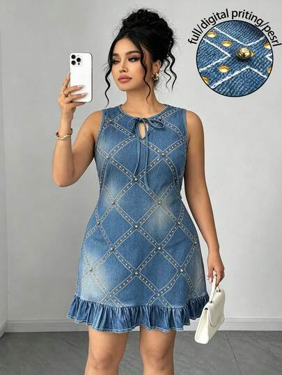 GlowEve Robe grande taille pour femme, élégante, mignonne et décontractée, en denim bleu clair à imprimé carreaux, avec perles, col rond, coupe slim, ligne A, pour l'automne, vacances, fêtes, brunch et occasions formelles