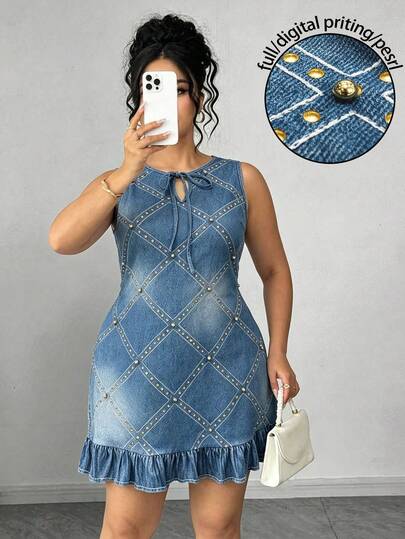 GlowEve Robe grande taille pour femme, élégante, mignonne et décontractée, en denim bleu clair à imprimé carreaux, avec perles, col rond, coupe slim, ligne A, pour l'automne, vacances, fêtes, brunch et occasions formelles