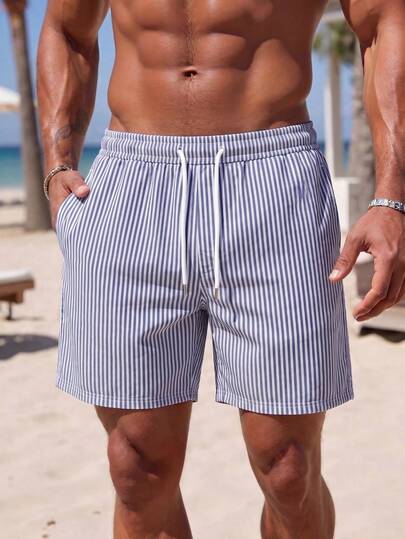 Short de plage décontracté pour hommes avec imprimé de palmiers rayés et cordon de serrage, été