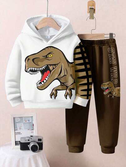 2 pièces/set sweat-shirt à capuche ample et décontracté pour garçons avec imprimés dessin animé, dinosaure, paysage, 3D, graffiti. Confortable pour l'automne/l'hiver