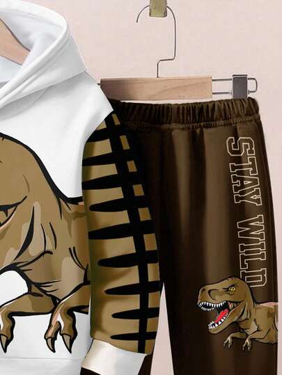 2 pièces/set sweat-shirt à capuche ample et décontracté pour garçons avec imprimés dessin animé, dinosaure, paysage, 3D, graffiti. Confortable pour l'automne/l'hiver