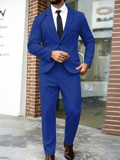 Manfinity Mode Ensemble de veste et pantalon de costume pour hommes grande taille, couleur unie, col à revers, manches longues