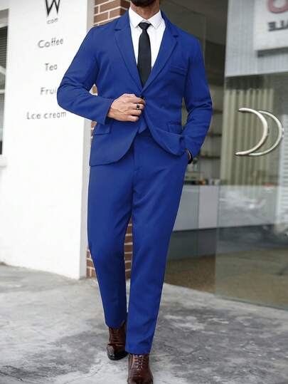 Manfinity Mode Ensemble de veste et pantalon de costume pour hommes grande taille, couleur unie, col à revers, manches longues