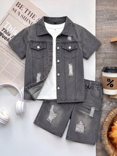 2 pièces Ensemble chemise à manches courtes en denim et short pour garçons préadolescents