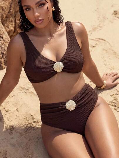 Swim Chiccia Ensemble de maillot de bain de plage de vacances avec décoration métallique pour grandes tailles