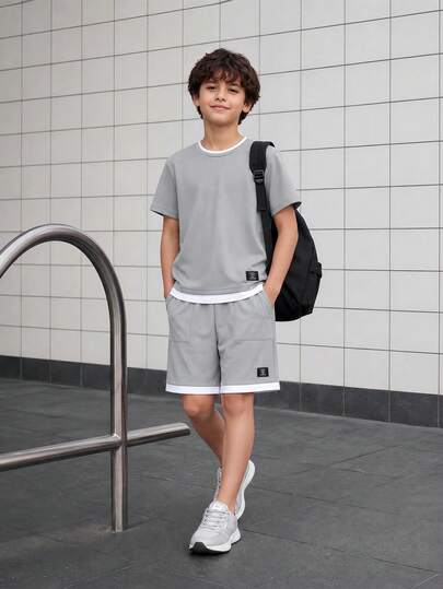 Vacaura T-shirt et short 2 en 1 avec lettres patchées pour préadolescents