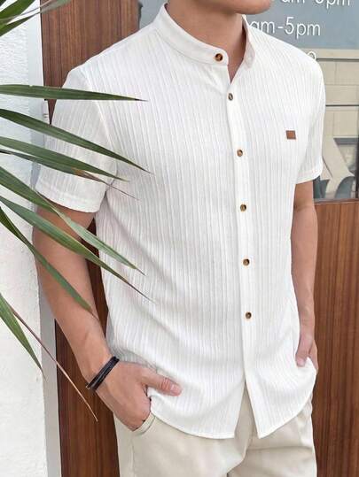 HIMLAND Chemise d'été pour hommes à col montant et manches courtes, décontractée, unie blanche, coupe ample, texture avec empiècement, Top de vacances