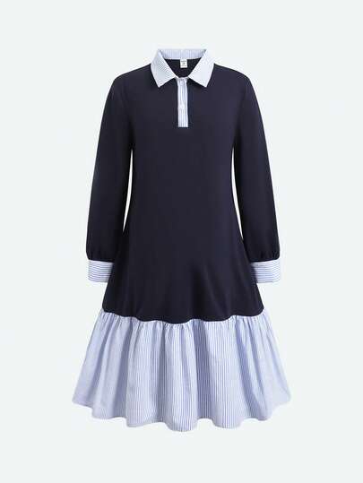Robe mi-longue ample trapèze pour filles préadolescentes, style décontracté élégant universitaire, col chemise, rayures bleu et blanc contrastées, manches longues, patchwork, saison de la rentrée scolaire