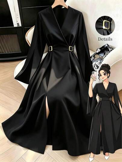 GlowEve Robe midi élégante à col V pour femmes grandes tailles, robe à col V profond avec décoration de boucle métallique, design A-line avec fente avant, convient pour les déplacements quotidiens, le bureau, les fêtes, les cocktails, les invités de maria