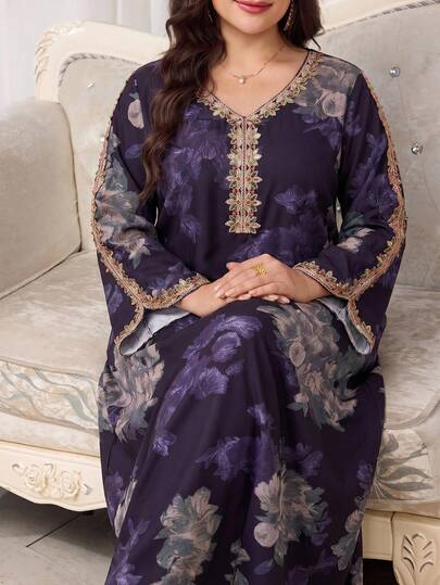 Al Najma Robe longue traditionnelle arabe brodée à imprimé floral pour femmes grandes tailles pour le soir