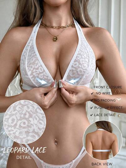Elacene 1 pièce Soutien-gorge sans armature sans rembourrage avec fermeture avant, col licou, imprimé animal et bordure en dentelle pour femmes