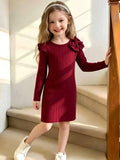Robe tricotée côtelée pour petites filles, robe à manches longues avec nœud et volants aux épaules, coupe ajustée, robe décontractée chaude pour l'automne et l'hiver, robe de fête pour jeune fille