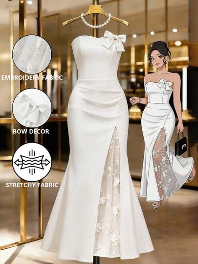 GlowEve Robe sirène élégante sans bretelles pour femmes avec décoration nœud papillon, patchwork floral en maille