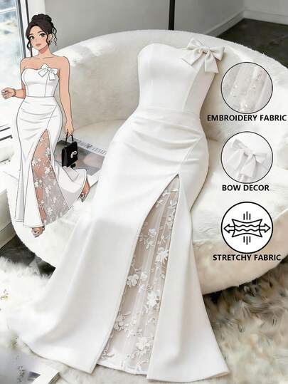 GlowEve Robe sirène élégante sans bretelles pour femmes avec décoration nœud papillon, patchwork floral en maille