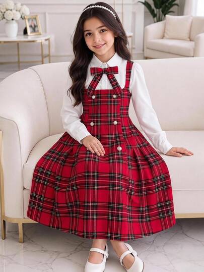 Robe mini 2 en 1 à carreaux pour filles préadolescentes, manches longues, col, décoration nœud, épissure de chemise, mode, style preppy, automne/hiver, tenue