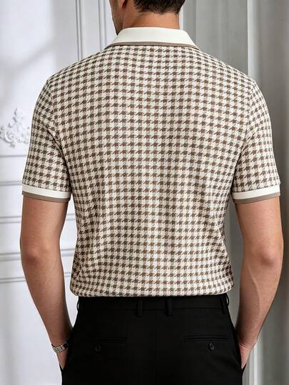 Core Aspect Chemise POLO à manches courtes décontractée mature vintage en jacquard pied-de-poule tricoté pour hommes