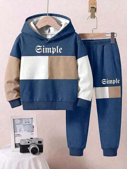 Ensemble 2 pièces sweat-shirt à capuche et pantalon de sport décontracté minimaliste coupe ample pour jeunes garçons, adapté à l'automne/hiver, imprimé graphique blocs de couleurs rétro classique, imprimé texte gothique cool style street