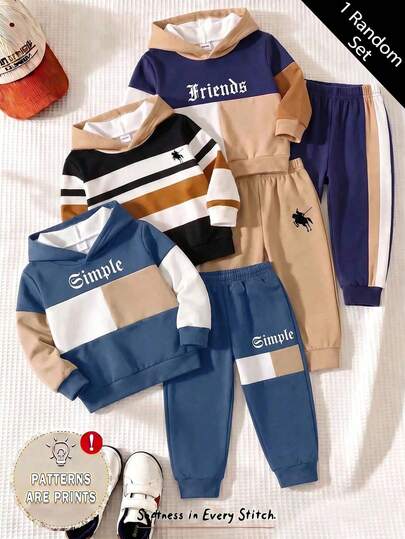 Ensemble 2 pièces sweat-shirt à capuche et pantalon de sport décontracté minimaliste coupe ample pour jeunes garçons, adapté à l'automne/hiver, imprimé graphique blocs de couleurs rétro classique, imprimé texte gothique cool style street