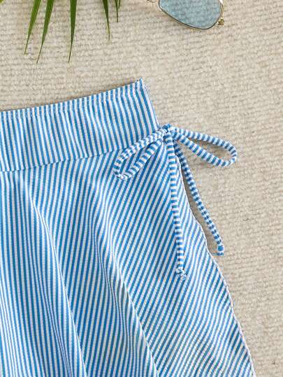 Swim SPRTY Pantalon de plage de sport 2 en 1 pour femmes en tissu froissé rayé bleu & blanc, printemps/été