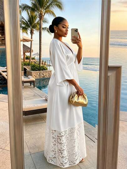 Robe élégante grande taille pour femme, couleur unie, col en V, manches chauve-souris, ourlet en dentelle, coupe galbante, pour invitée de mariage, vacances, soirée, fête formelle, blanc intégral, automne