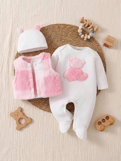 3 pièces/ Automne/Hiver Ensemble doublé de polaire Nouveau-né Rose & Blanc Motif Ours Manches Longues Barboteuse avec Gilet et Bonnet, Ensemble de vêtements de maison