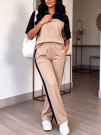 2 pièces Ensemble décontracté pour femmes, ensemble sportif élégant et mince avec pantalon évasé, printemps/été