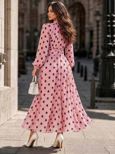 Robe Vuslat pour femmes, automne, style français élégant, manches longues, rose à pois, imprimé en mousseline de soie, taille cintrée, petit col montant, convient pour invitée de mariage, cérémonie de remise des diplômes, soirée formelle, soirée élégante,
