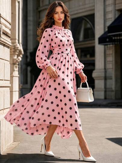 Robe Vuslat pour femmes, automne, style français élégant, manches longues, rose à pois, imprimé en mousseline de soie, taille cintrée, petit col montant, convient pour invitée de mariage, cérémonie de remise des diplômes, soirée formelle, soirée élégante,