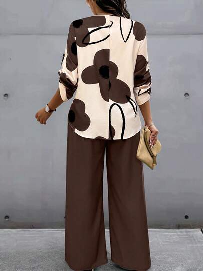 Louniche Ensemble décontracté pour femme taille standard, chemise à manches retroussées et pantalon, grand imprimé floral, beige et marron chocolat, pour l'automne, la Fête des enseignants, le bureau et les tea parties