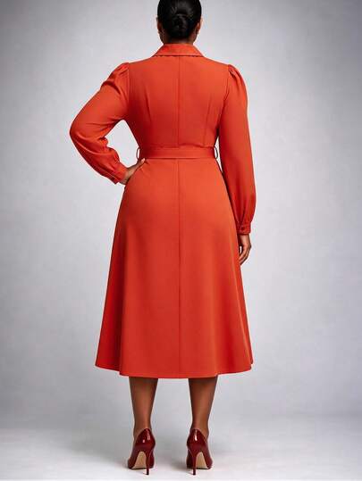 Robe mi-longue pour femmes avec col châle, design de patte de boutonnage ajustable sur le côté, manches bouffantes avec poignets boutonnés, silhouette évasée, convient pour le port quotidien et les déplacements