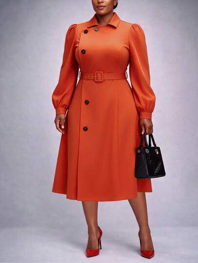 Robe mi-longue pour femmes avec col châle, design de patte de boutonnage ajustable sur le côté, manches bouffantes avec poignets boutonnés, silhouette évasée, convient pour le port quotidien et les déplacements