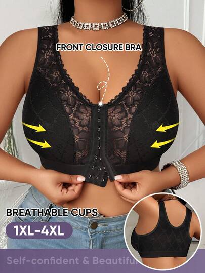 MEIYATING Soutien-gorge camisole ample pour femmes à fermeture frontale, en dentelle florale avec patchwork, bretelles ajourées, léger et respirant, soutien-gorge sans fil sexy, noir