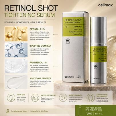 Celimax Retinol Shot Sérum Raffermissant 30ml, Sérum au Rétinol Coréen avec Complexe de Peptides, Sérum Visage Anti-Âge Raffermissant, Traitement Hydratant Anti-Rides pour une Peau Lisse et Radieuse
