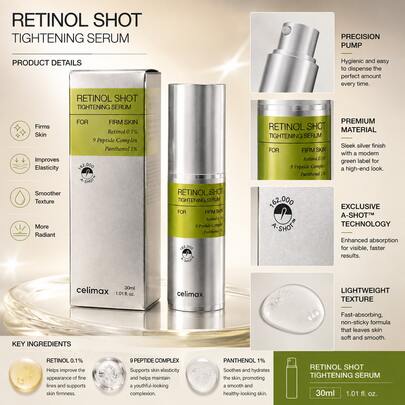 Celimax Retinol Shot Sérum Raffermissant 30ml, Sérum au Rétinol Coréen avec Complexe de Peptides, Sérum Visage Anti-Âge Raffermissant, Traitement Hydratant Anti-Rides pour une Peau Lisse et Radieuse