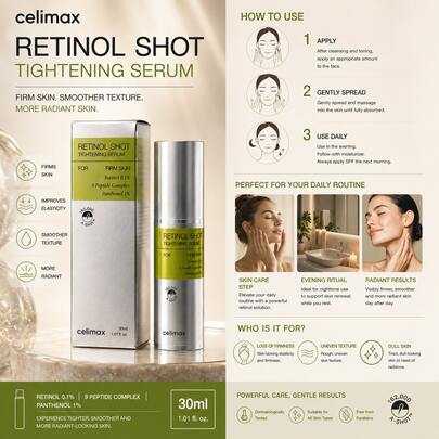 Celimax Retinol Shot Sérum Raffermissant 30ml, Sérum au Rétinol Coréen avec Complexe de Peptides, Sérum Visage Anti-Âge Raffermissant, Traitement Hydratant Anti-Rides pour une Peau Lisse et Radieuse