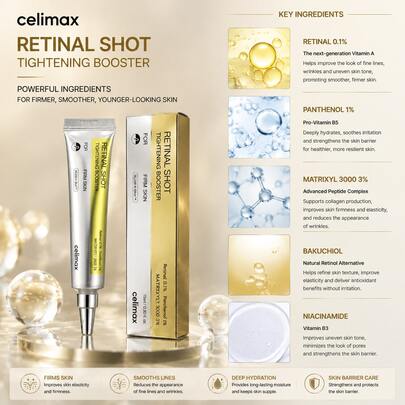 Celimax Retinal Shot Tightening Booster 15ml, Sérum Rétinal Coréen avec Rétinal 0,1% & Matrixyl 3000, Traitement Anti-Âge Raffermissant pour le Visage, Sérum Hydratant Anti-Rides pour une Peau Jeune