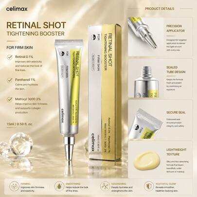 Celimax Retinal Shot Tightening Booster 15ml, Sérum Rétinal Coréen avec Rétinal 0,1% & Matrixyl 3000, Traitement Anti-Âge Raffermissant pour le Visage, Sérum Hydratant Anti-Rides pour une Peau Jeune
