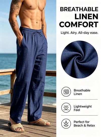 Pantalon long ample en lin unicolore, avec poches, convient pour le printemps/automne et l'été