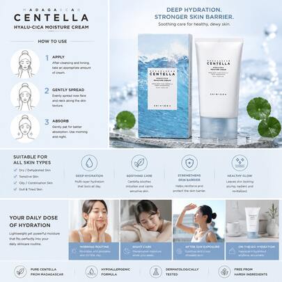 SKIN1004 Madagascar Centella Hyalu-Cica Crème Hydratante 75ml, Crème Visage Hydratante Coréenne, Hydratation Profonde & Apaisante, Soin Barrière Cutanée Léger pour Peau Sèche et Sensible