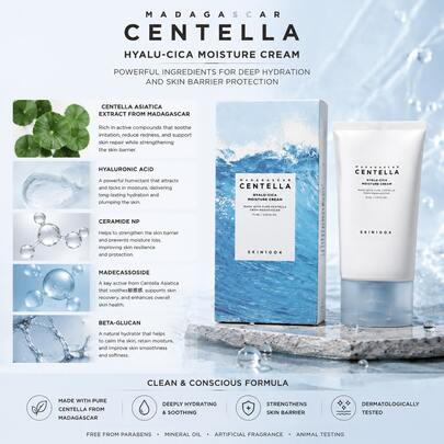 SKIN1004 Madagascar Centella Hyalu-Cica Crème Hydratante 75ml, Crème Visage Hydratante Coréenne, Hydratation Profonde & Apaisante, Soin Barrière Cutanée Léger Pour Peau Sèche et Sensible