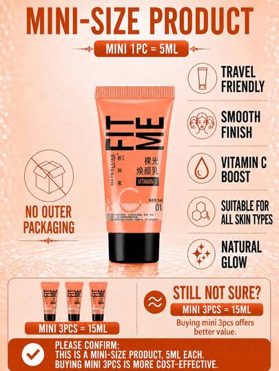 Maybelline Bare Glow Radiance Lotion #01 Échantillon 5ml, 3 pièces, Améliore la texture de la peau, Triple essence hydratante, Éclaircissant à la vitamine C, Éclaircit le teint, Convient aux peaux normales à grasses
