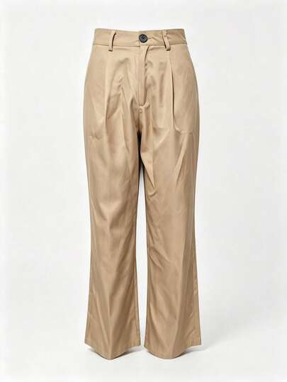 Pantalon de travail femme minimaliste kaki à taille haute, jambes larges plissées, pli avant, coupe fluide, longueur intégrale, bas décontractés pour le trajet